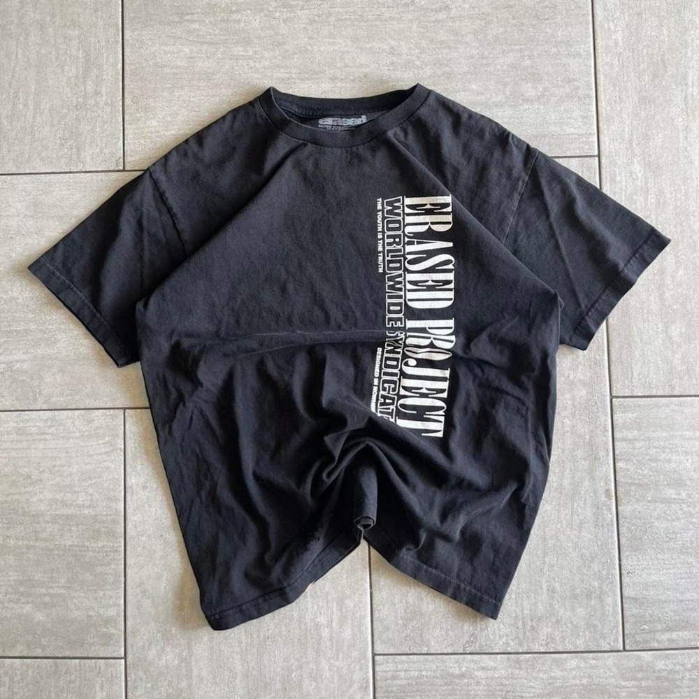 Erased Project Worldwide Syndicate Graphic T-Shirt Black Large Distressed Mens